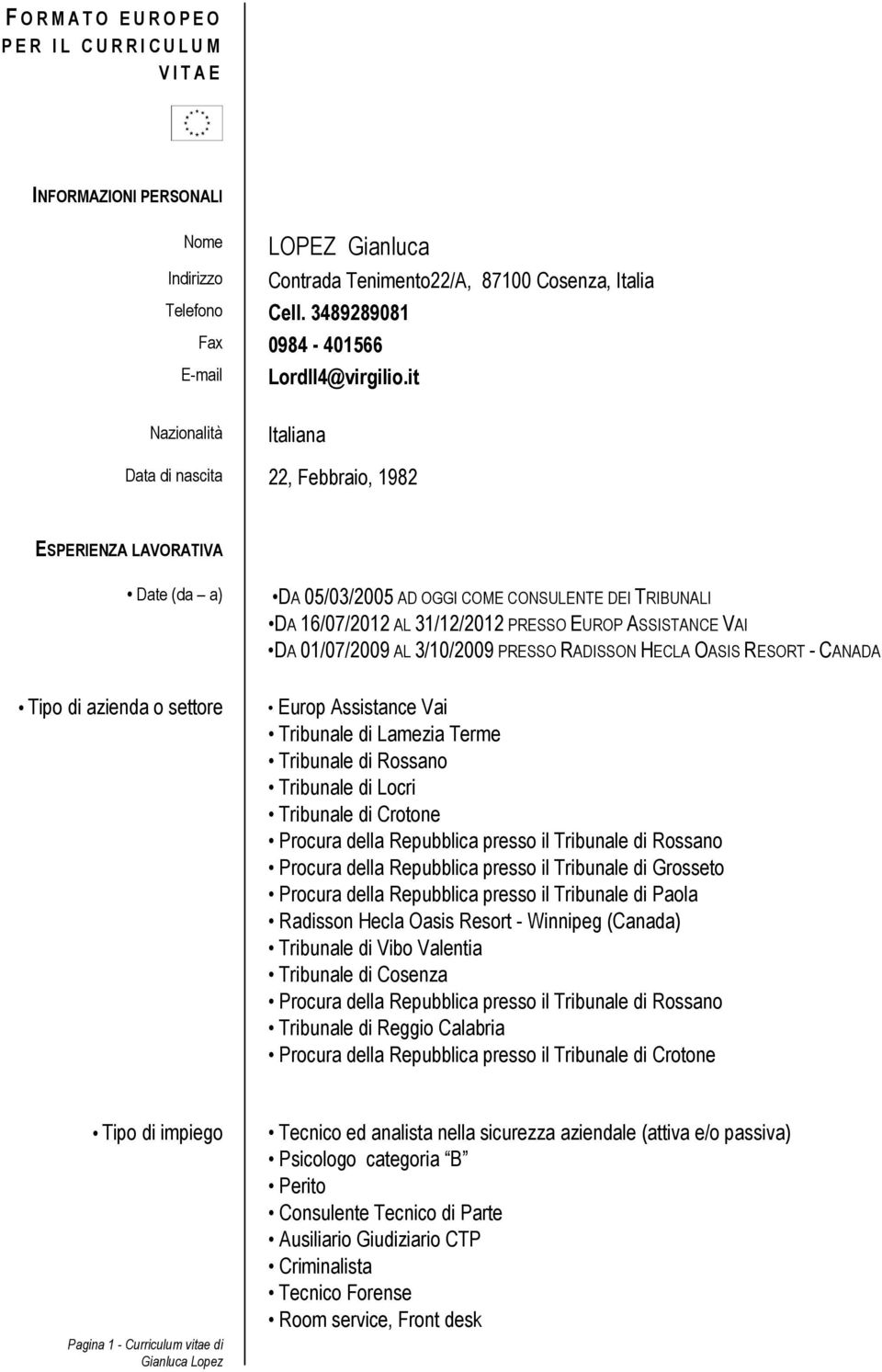 it Nazionalità Italiana Data di nascita 22, Febbraio, 1982 ESPERIENZA LAVORATIVA Date (da a) DA 05/03/2005 AD OGGI COME CONSULENTE DEI TRIBUNALI DA 16/07/2012 AL 31/12/2012 PRESSO EUROP ASSISTANCE