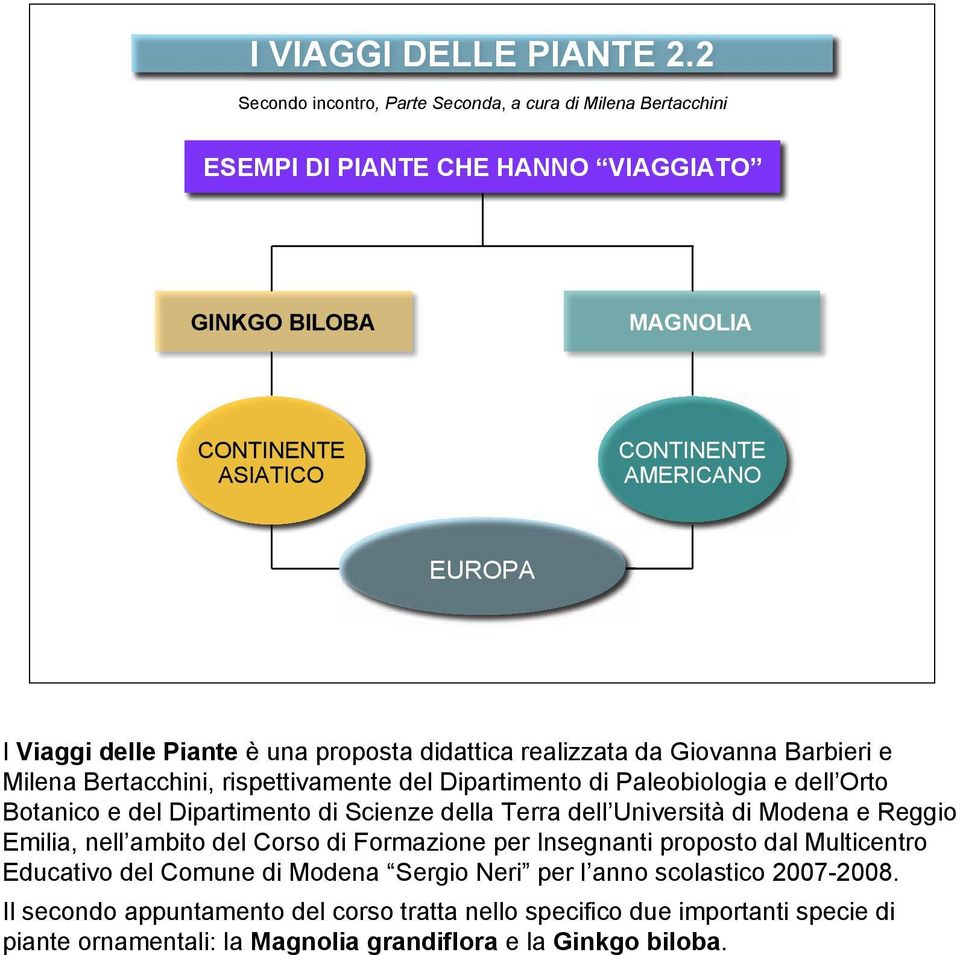 Piante è una proposta didattica realizzata da Giovanna Barbieri e Milena Bertacchini, rispettivamente del Dipartimento di Paleobiologia e dell Orto Botanico e del Dipartimento di Scienze