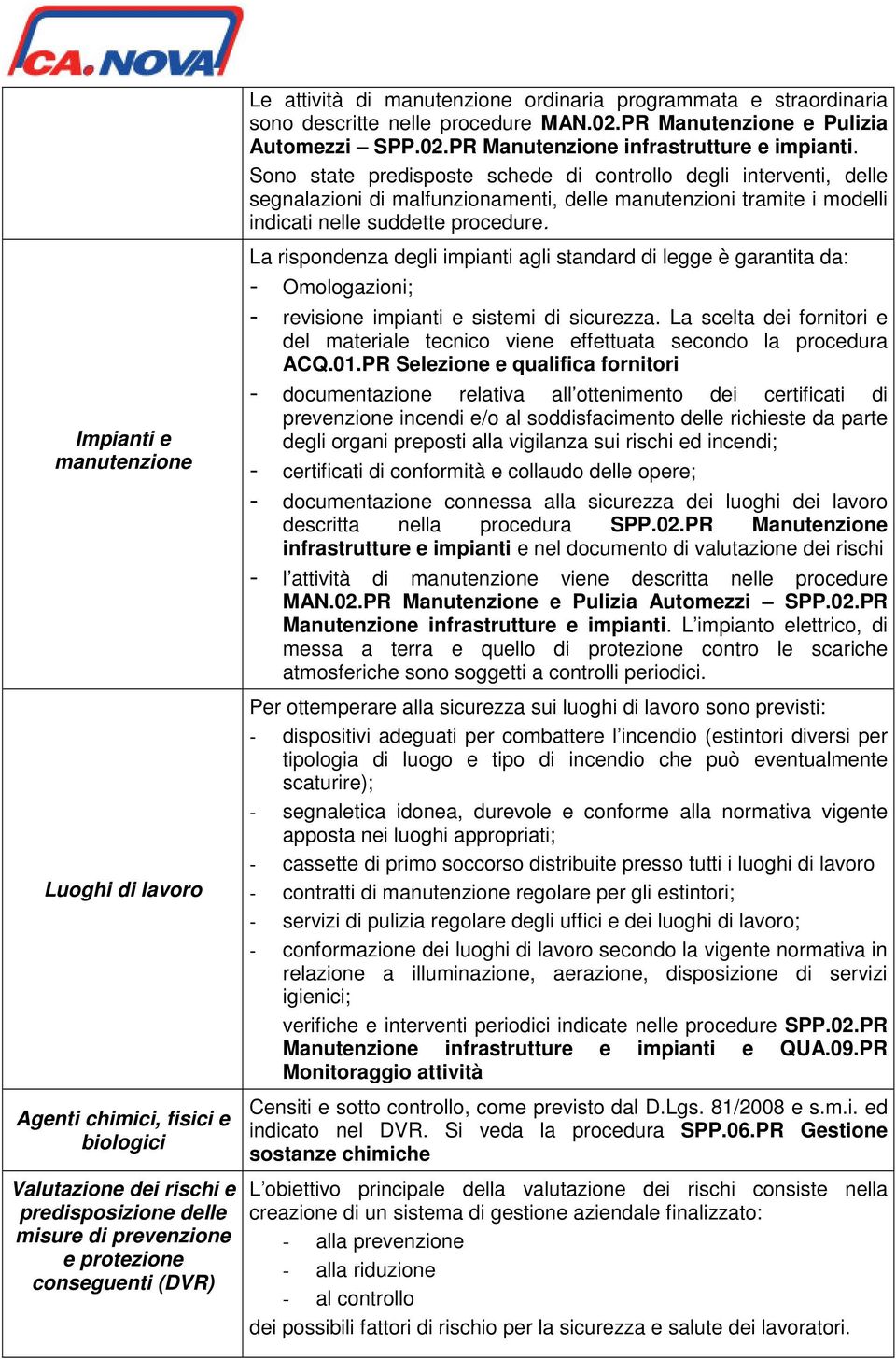 Impianti e manutenzione Luoghi di lavoro Agenti chimici, fisici e biologici Valutazione dei rischi e predisposizione delle misure di prevenzione e protezione conseguenti (DVR) La rispondenza degli