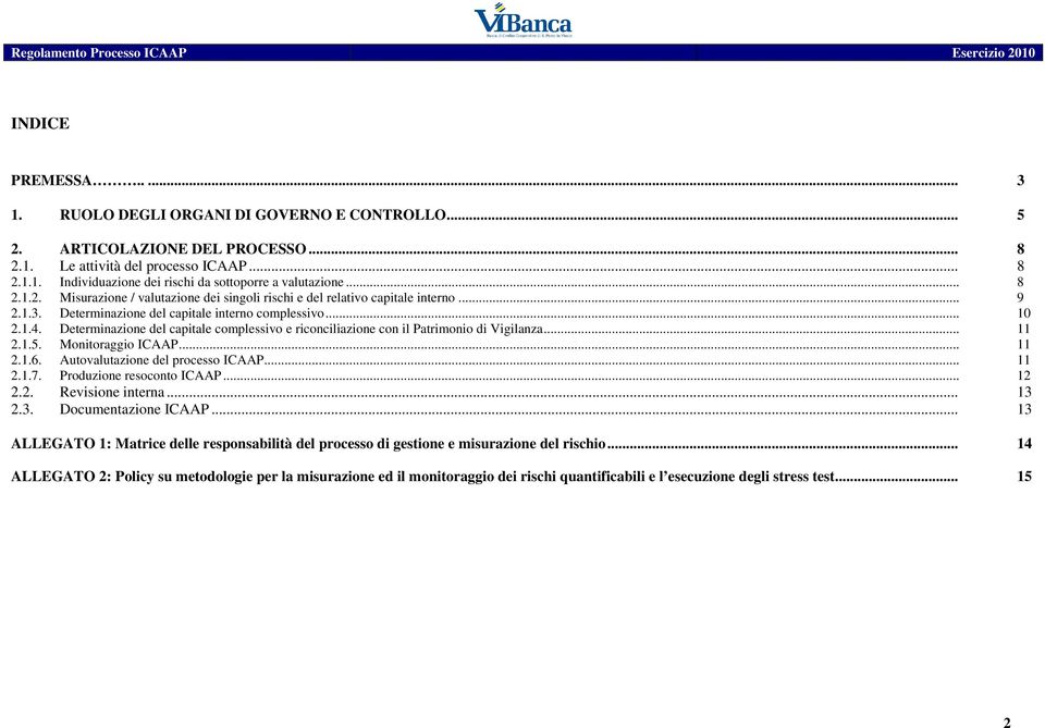 Determinazione del capitale complessivo e riconciliazione con il Patrimonio di Vigilanza... 11 2.1.5. Monitoraggio ICAAP... 11 2.1.6. Autovalutazione del processo ICAAP... 11 2.1.7.