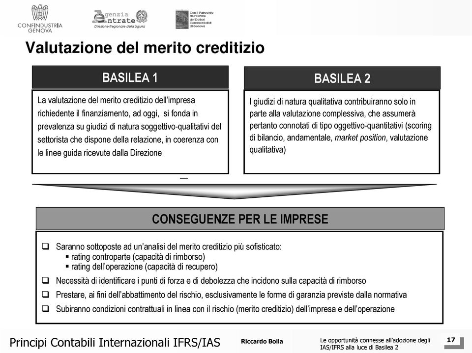 valutazione complessiva, che assumerà pertanto connotati di tipo oggettivo-quantitativi (scoring di bilancio, andamentale, market position, valutazione qualitativa) CONSEGUENZE PER LE IMPRESE Saranno