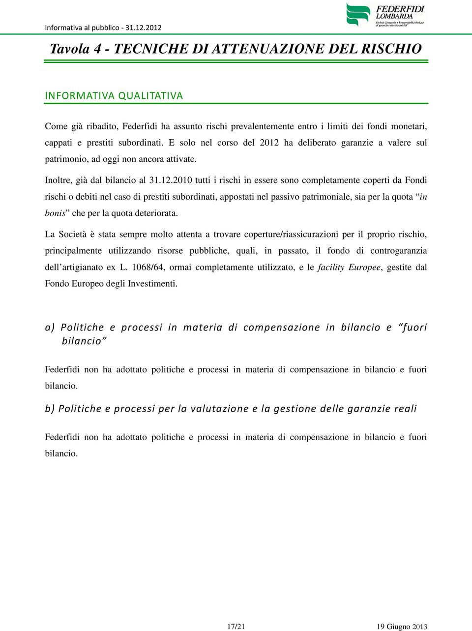 ha deliberato garanzie a valere sul patrimonio, ad oggi non ancora attivate. Inoltre, già dal bilancio al 31.12.