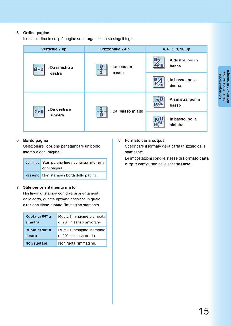 del driver di stampa : Da destra a sinistra : Dal basso in alto basso : In basso, poi a sinistra 6. Bordo pagina Selezionare l opzione per stampare un bordo intorno a ogni pagina.