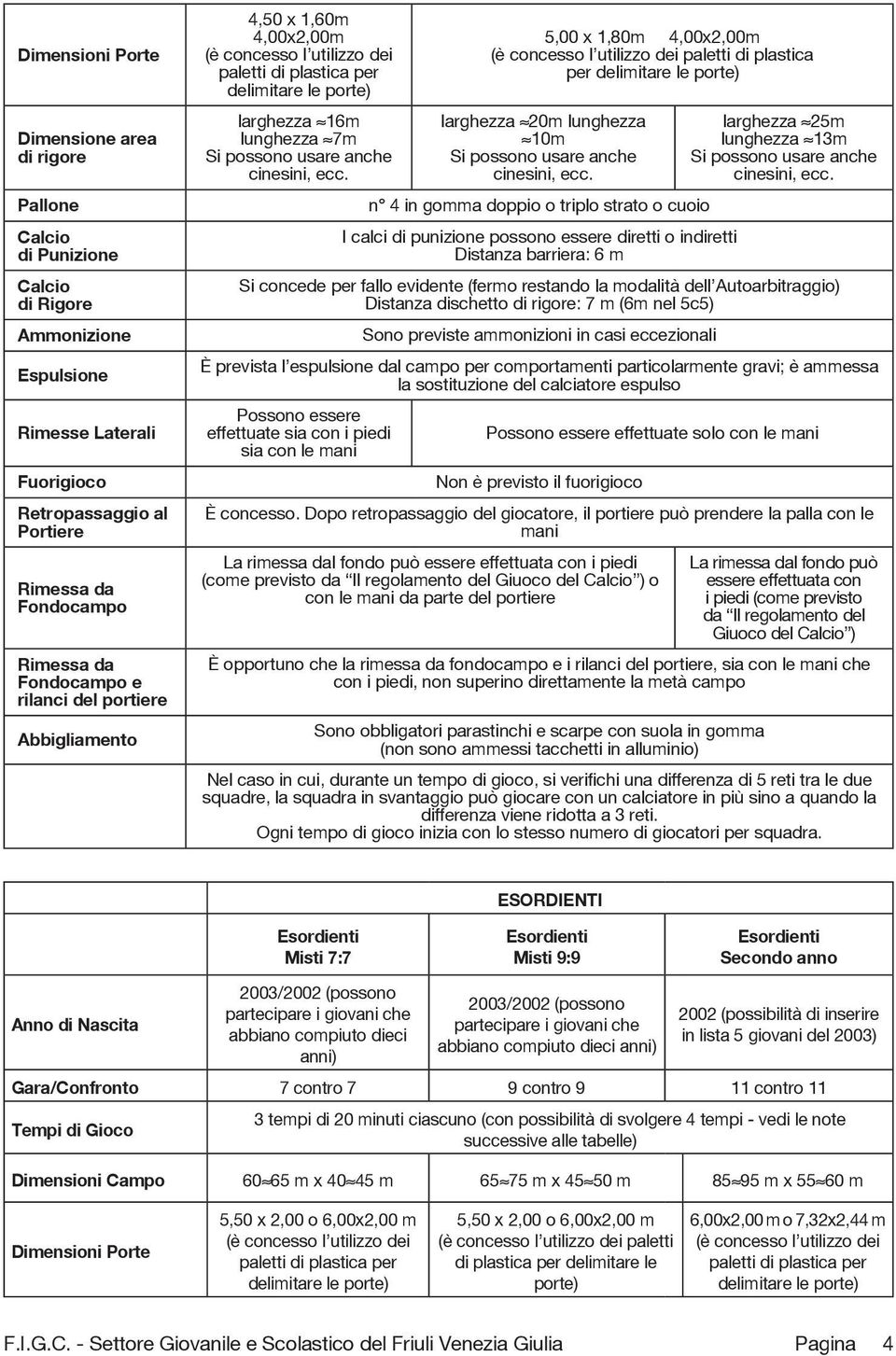 cinesini, ecc. 5,00 x 1,80m 4,00x2,00m (è concesso l utilizzo dei paletti di plastica per delimitare le porte) larghezza 20m lunghezza 10m Si possono usare anche cinesini, ecc.