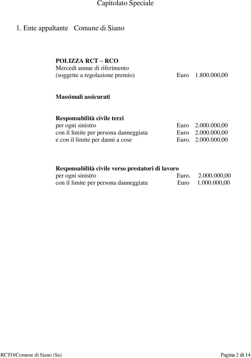 000,00 Massimali assicurati Responsabilità civile terzi per ogni sinistro Euro 2.000.000,00 con il limite per persona danneggiata Euro 2.