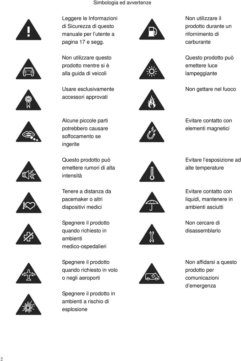 accessori approvati Non gettare nel fuoco Alcune piccole parti potrebbero causare soffocamento se ingerite Evitare contatto con elementi magnetici Questo prodotto può emettere rumori di alta