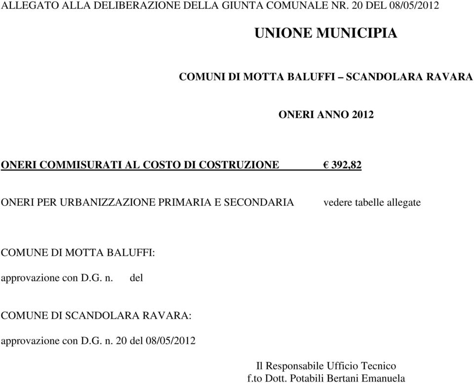 COSTO DI COSTRUZIONE 392,82 ONERI PER URBANIZZAZIONE PRIMARIA E SECONDARIA vedere tabelle allegate COMUNE DI MOTTA