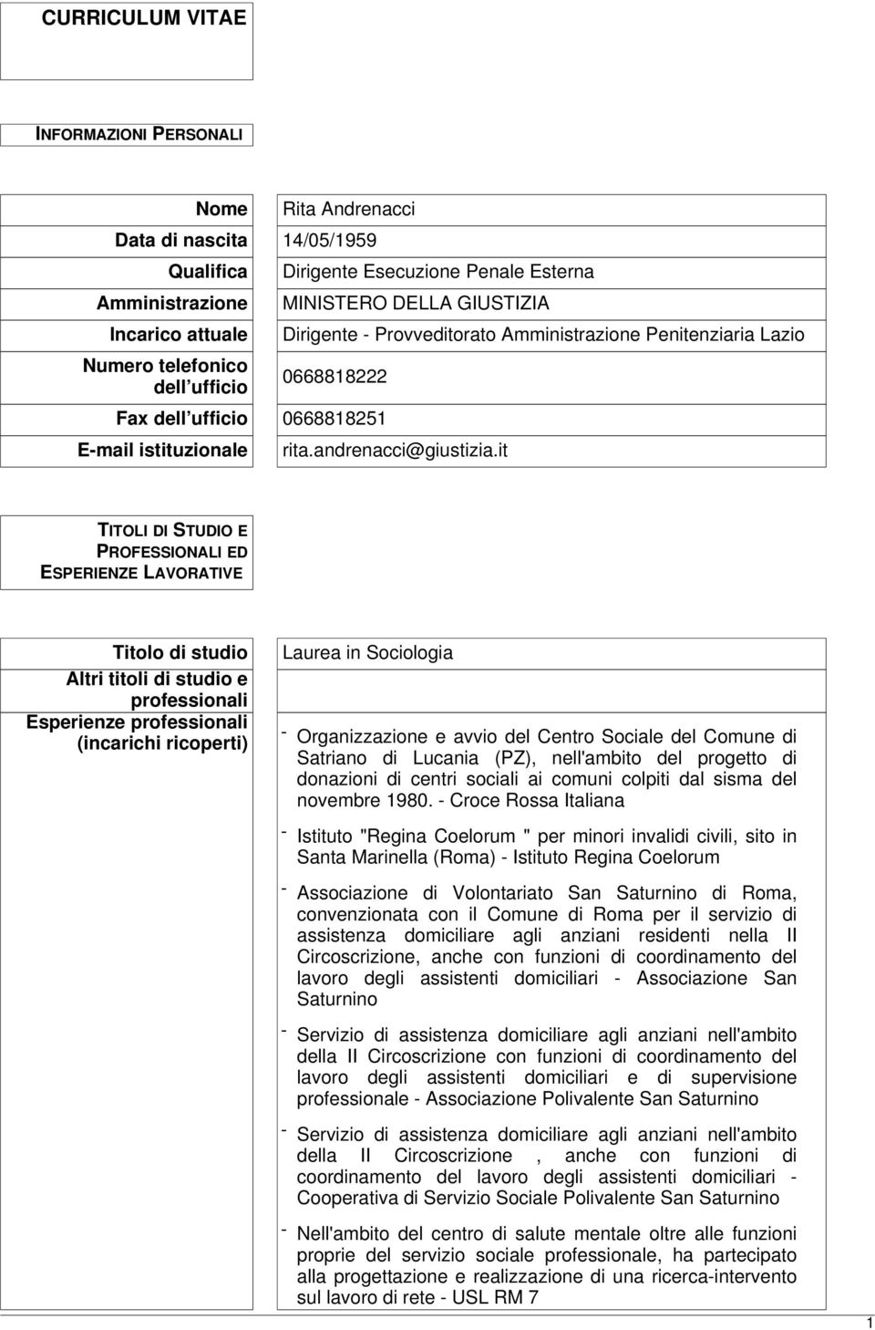 it TITOLI DI STUDIO E PROFESSIONALI ED ESPERIENZE LAVORATIVE Titolo di studio Altri titoli di studio e professionali Esperienze professionali (incarichi ricoperti) Laurea in Sociologia -