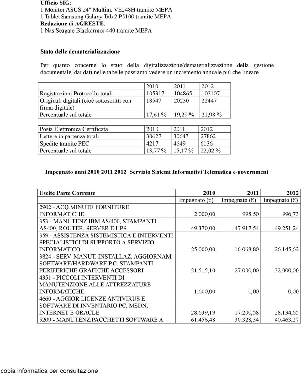 digitalizzazione/dematerializzazione della gestione documentale, dai dati nelle tabelle possiamo vedere un incremento annuale più che lineare.