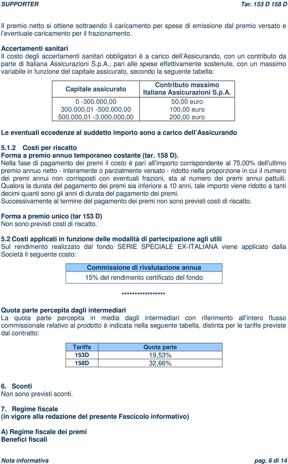 sostenute, con un massimo variabile in funzione del capitale assicurato, secondo la seguente tabella: Capitale assicurato Contributo massimo Italiana Assicurazioni S.p.A. 0-300.000,00 50,00 euro 300.
