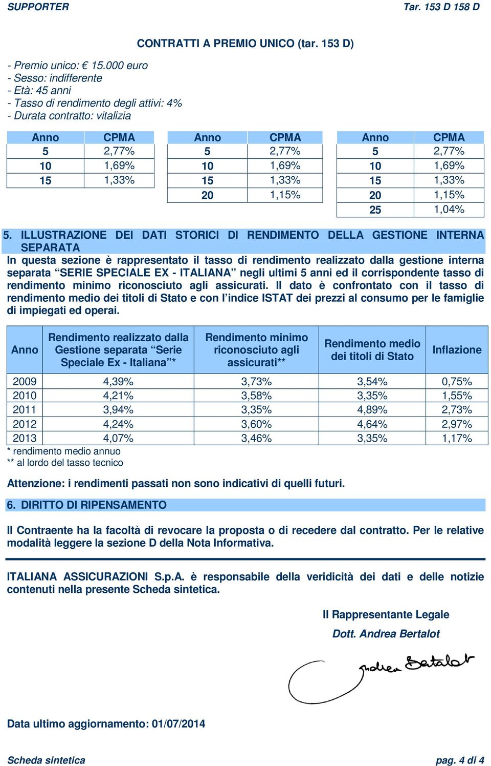 ILLUSTRAZIONE DEI DATI STORICI DI RENDIMENTO DELLA GESTIONE INTERNA SEPARATA In questa sezione è rappresentato il tasso di rendimento realizzato dalla gestione interna separata SERIE SPECIALE EX -