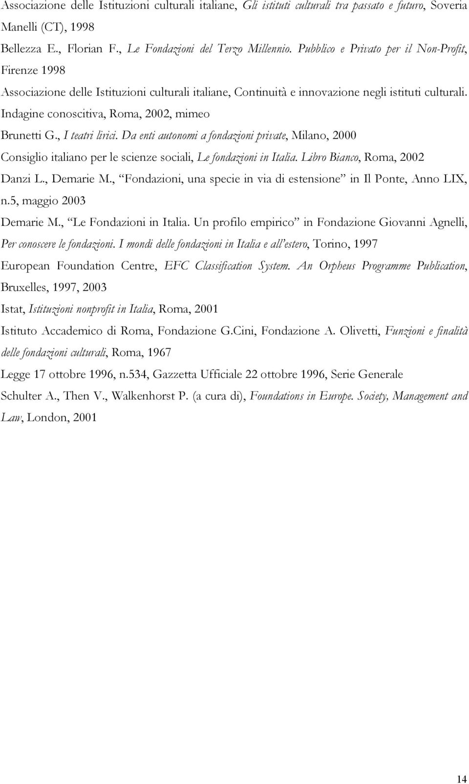 Indagine conoscitiva, Roma, 2002, mimeo Brunetti G., I teatri lirici. Da enti autonomi a fondazioni private, Milano, 2000 Consiglio italiano per le scienze sociali, Le fondazioni in Italia.