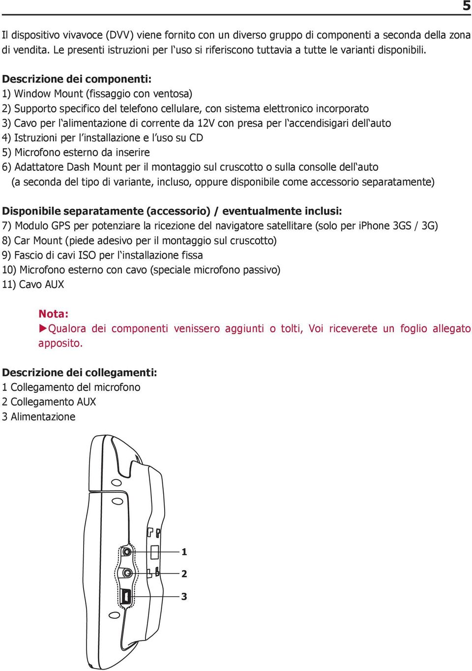 5 Descrizione dei componenti: 1) Window Mount (fissaggio con ventosa) 2) Supporto specifico del telefono cellulare, con sistema elettronico incorporato 3) Cavo per l alimentazione di corrente da 12V