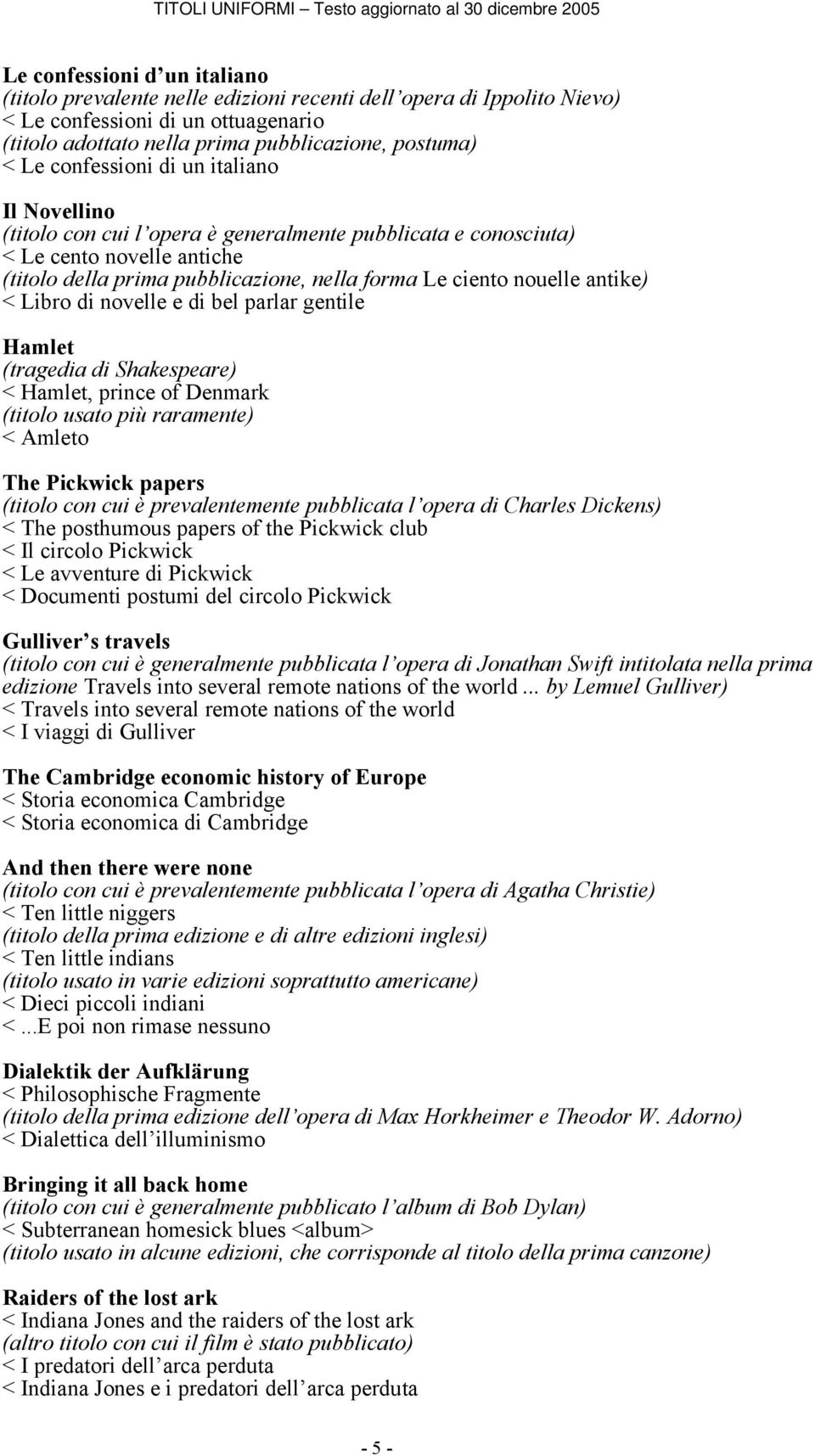 antike) < Libro di novelle e di bel parlar gentile Hamlet (tragedia di Shakespeare) < Hamlet, prince of Denmark (titolo usato più raramente) < Amleto The Pickwick papers (titolo con cui è