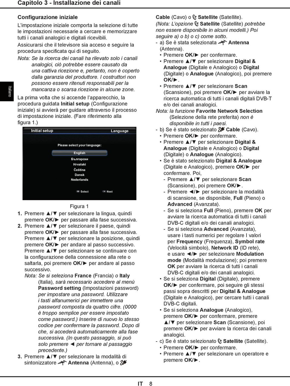 Nota: Se la ricerca dei canali ha rilevato solo i canali analogici, ciò potrebbe essere causato da una cattiva ricezione e, pertanto, non è coperto dalla garanzia del produttore.