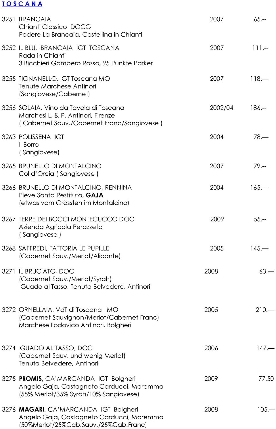 Tenute Marchese Antinori (Sangiovese/Cabernet) 3256 SOLAIA, Vino da Tavola di Toscana 2002/04 186.-- Marchesi L. & P. Antinori, Firenze ( Cabernet Sauv.