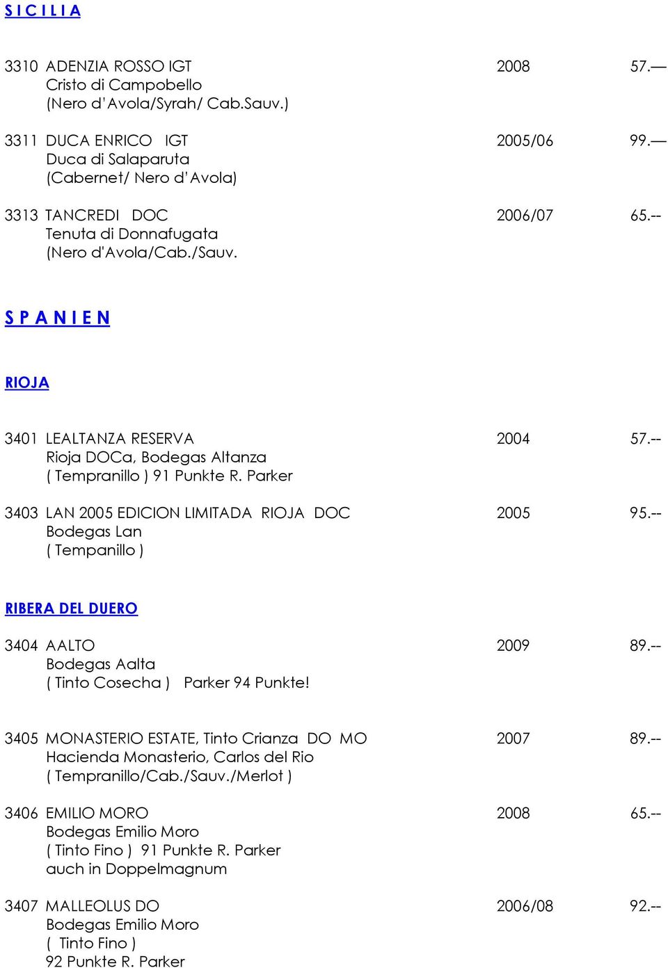 -- Rioja DOCa, Bodegas Altanza ( Tempranillo ) 91 Punkte R. Parker 3403 LAN 2005 EDICION LIMITADA RIOJA DOC 2005 95.-- Bodegas Lan ( Tempanillo ) RIBERA DEL DUERO 3404 AALTO 2009 89.