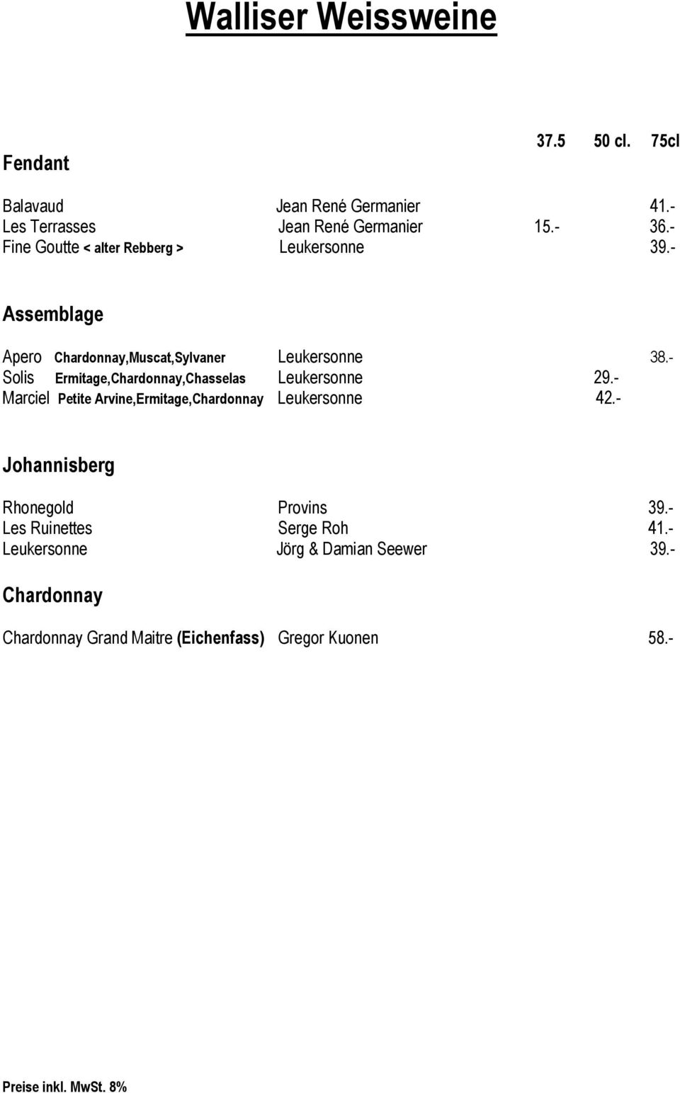 - Solis Ermitage,Chardonnay,Chasselas Leukersonne 29.- Marciel Petite Arvine,Ermitage,Chardonnay Leukersonne 42.