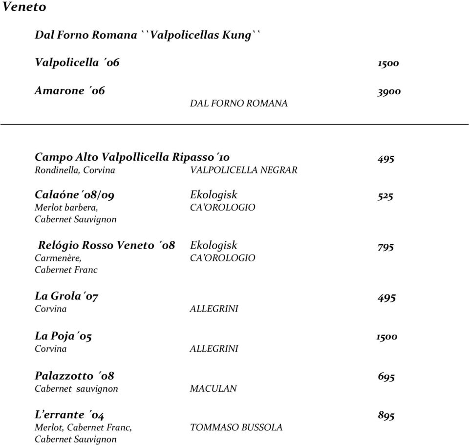 Relógio Rosso Veneto 08 Ekologisk 795 Carmenère, Cabernet Franc CA OROLOGIO La Grola 07 495 Corvina ALLEGRINI La Poja 05 1500