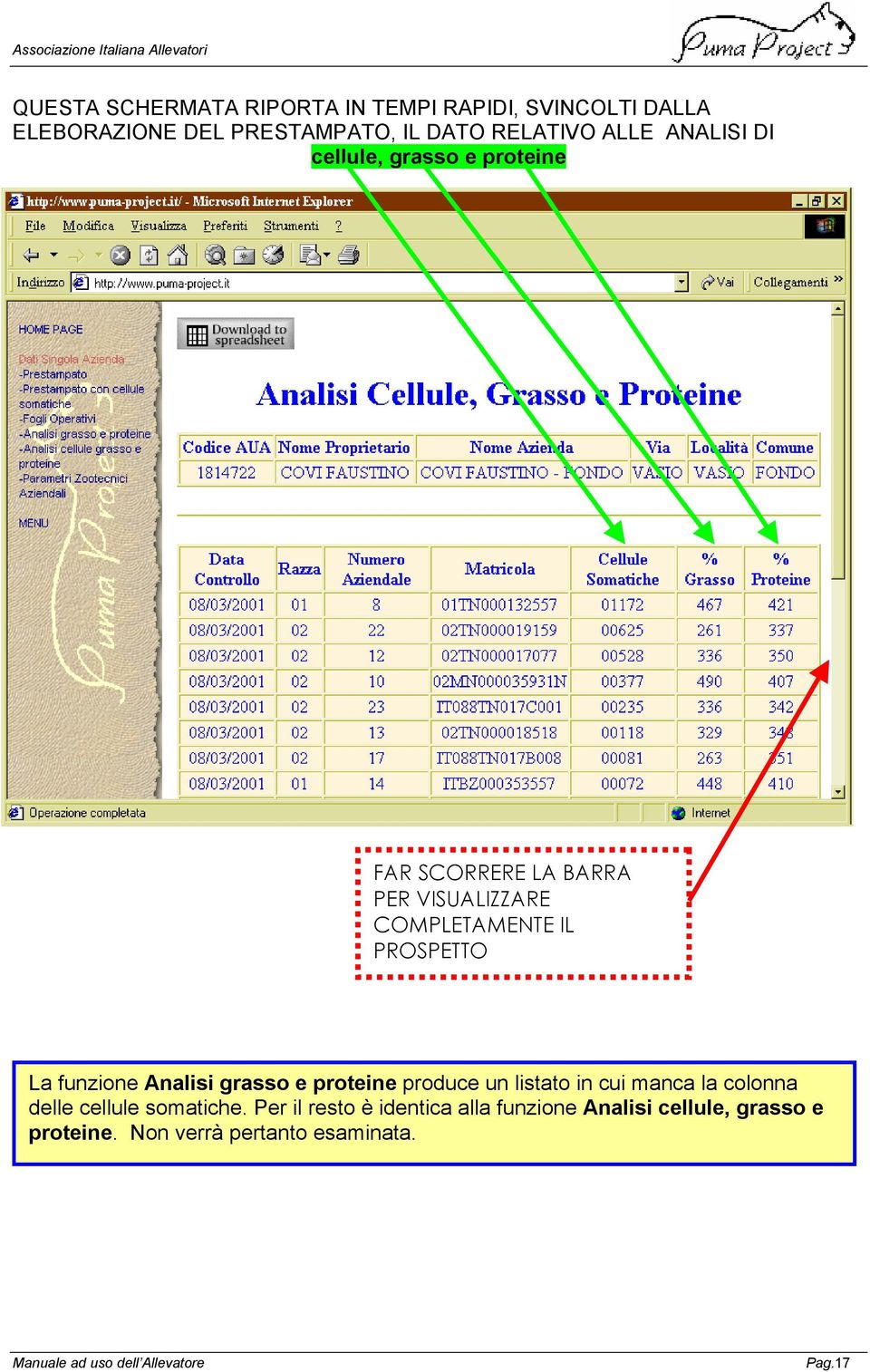 PROSPETTO La funzione Analisi grasso e proteine produce un listato in cui manca la colonna delle cellule