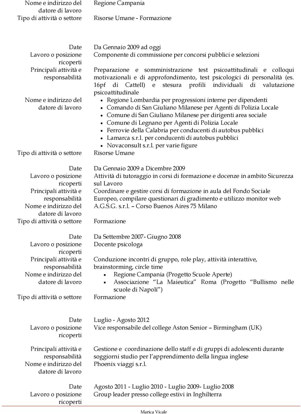 16pf di Cattell) e stesura profili individuali di valutazione psicoattitudinale Regione Lombardia per progressioni interne per dipendenti Comando di San Giuliano Milanese per Agenti di Polizia Locale