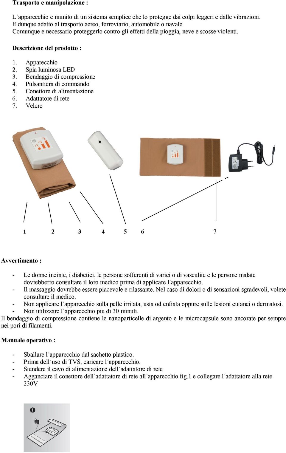 Pulsantiera di commando 5. Conettore di alimentazione 6. Adattatore di rete 7.