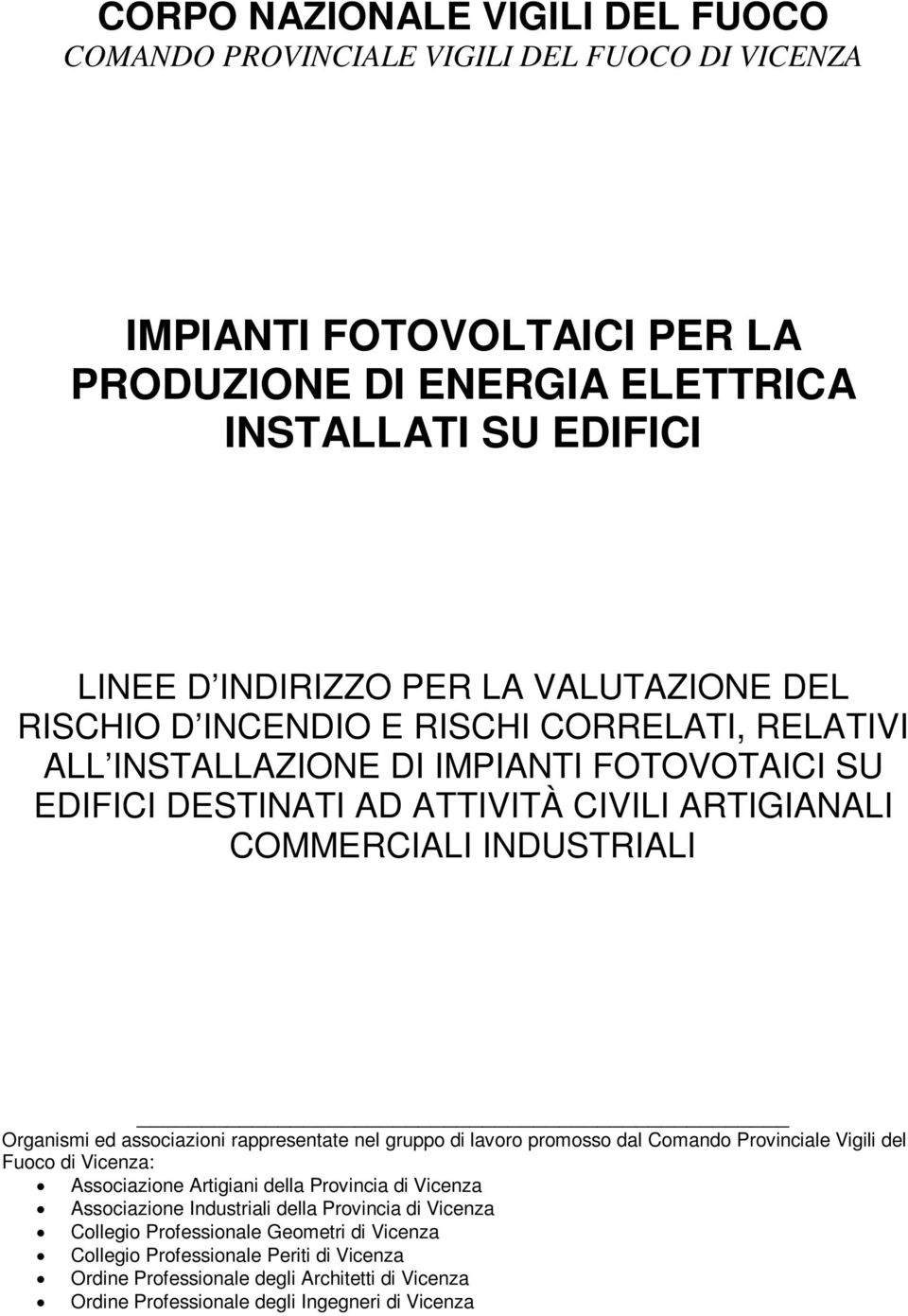 ed associazioni rappresentate nel gruppo di lavoro promosso dal Comando Provinciale Vigili del Fuoco di Vicenza: Associazione Artigiani della Provincia di Vicenza Associazione Industriali della