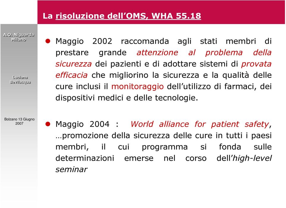 Niguarda Maggio 2002 raccomanda agli stati membri di prestare grande attenzione al problema della sicurezza dei pazienti e di adottare