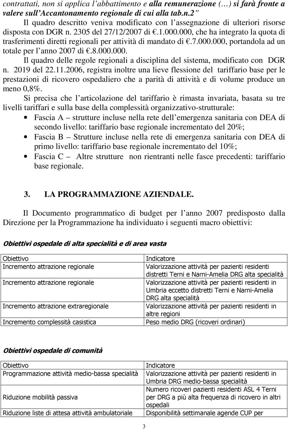 2019 del 22.11.2006, registra inoltre una lieve flessione del tariffario base per le prestazioni di ricovero ospedaliero che a parità di attività e di volume produce un meno 0,8%.