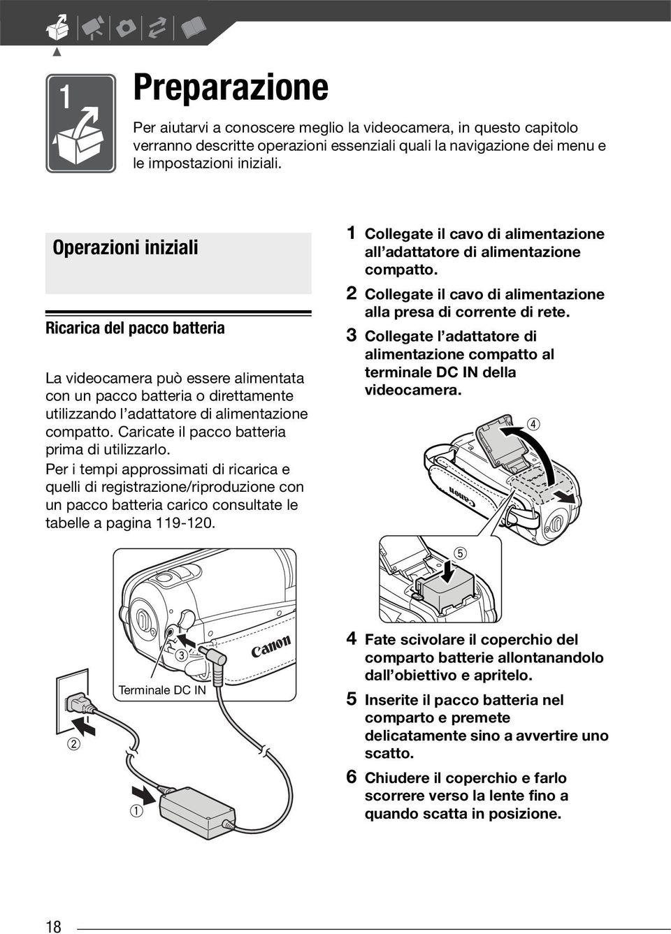 Caricate il pacco batteria prima di utilizzarlo. Per i tempi approssimati di ricarica e quelli di registrazione/riproduzione con un pacco batteria carico consultate le tabelle a pagina 119-120.