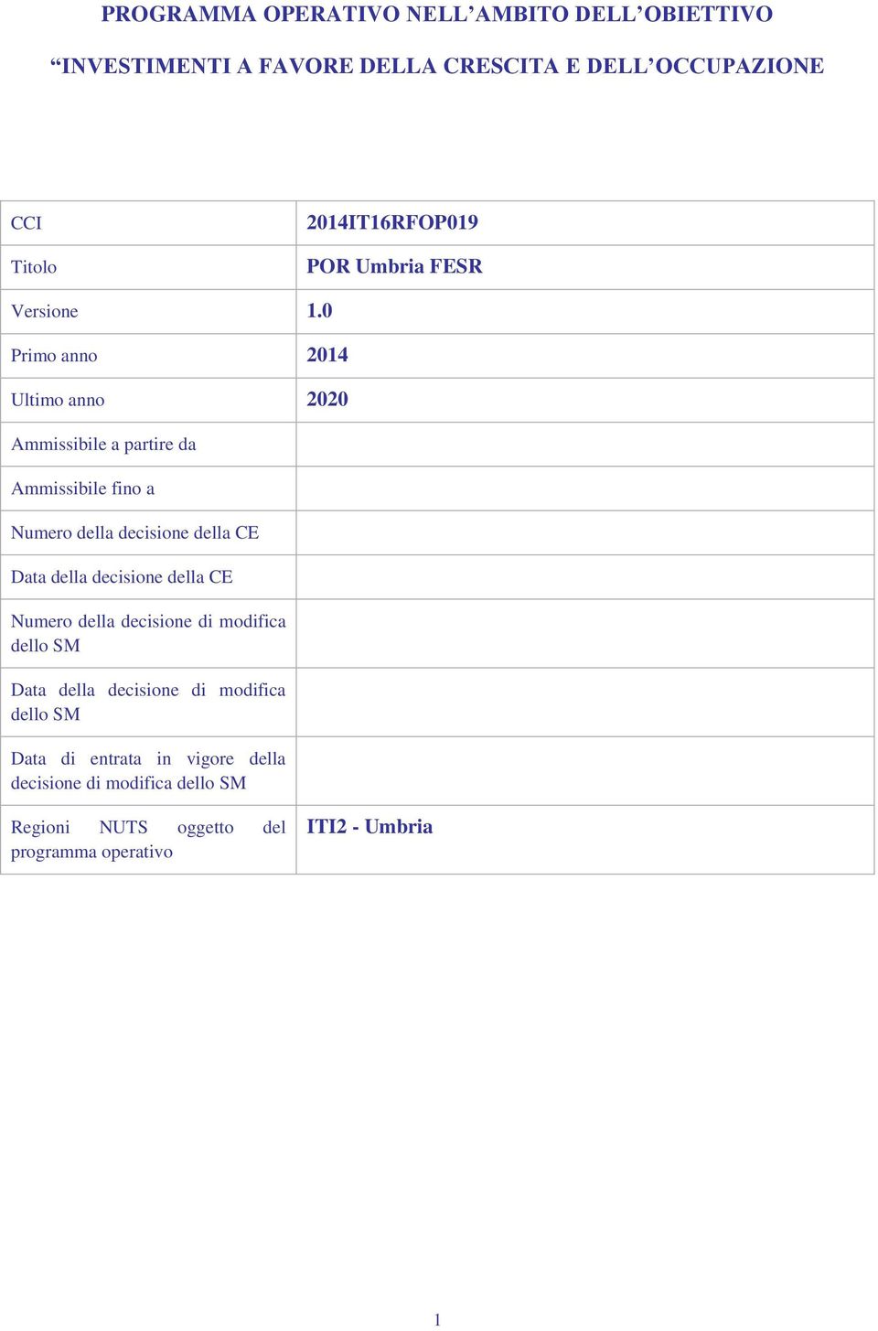 0 Primo anno 2014 Ultimo anno 2020 Ammissibile a partire da Ammissibile fino a Numero della decisione della CE Data della