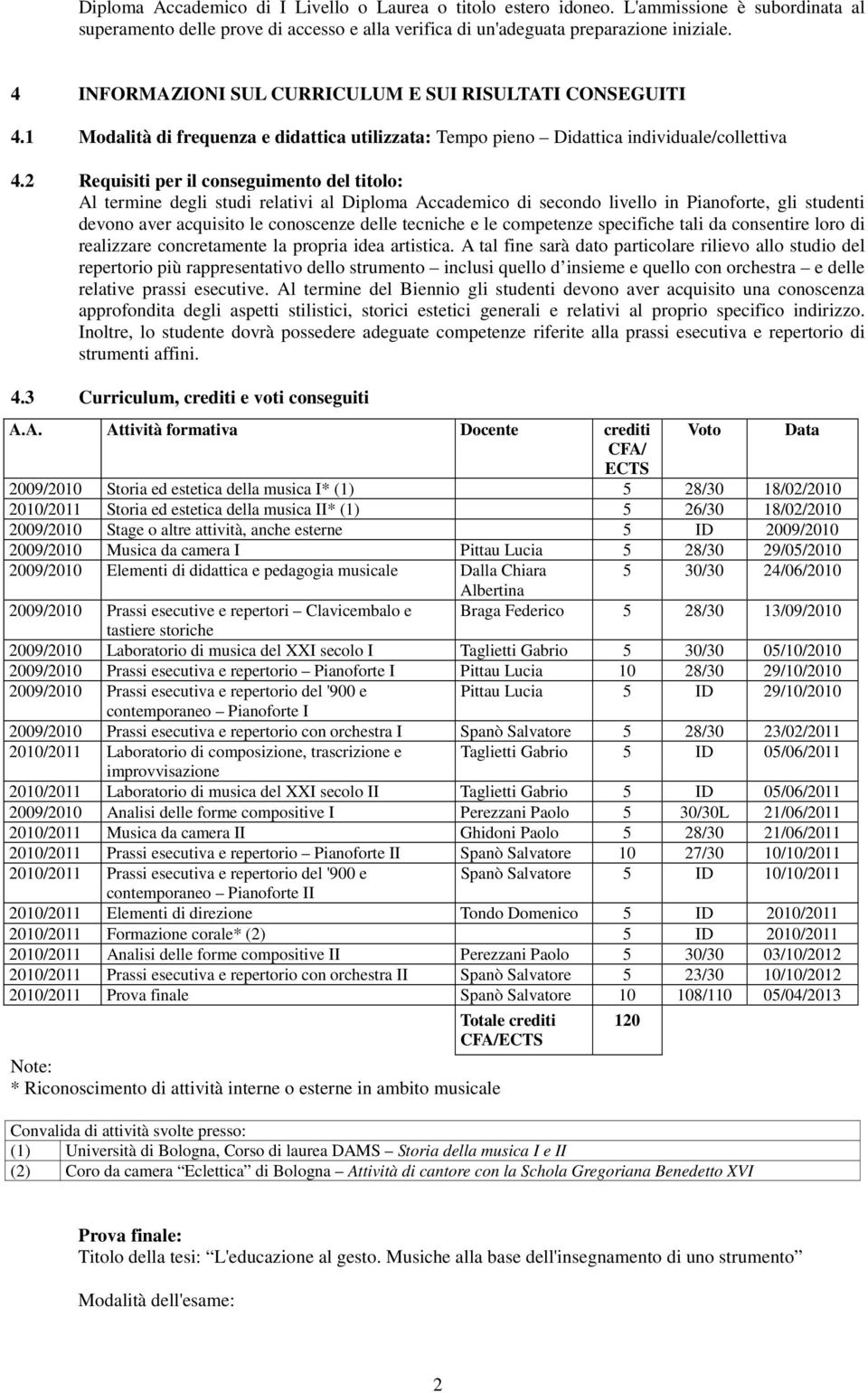 2 Requisiti per il conseguimento del titolo: Al termine degli studi relativi al Diploma Accademico di secondo livello in Pianoforte, gli studenti devono aver acquisito le conoscenze delle tecniche e