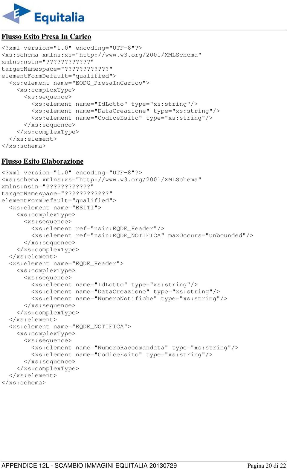 name="codiceesito" type="xs:string"/> </xs:schema> Flusso Esito Elaborazione <?xml version="1.0" encoding="utf-8"?> <xs:schema xmlns:xs="http://www.w3.org/2001/xmlschema" xmlns:nsin="?