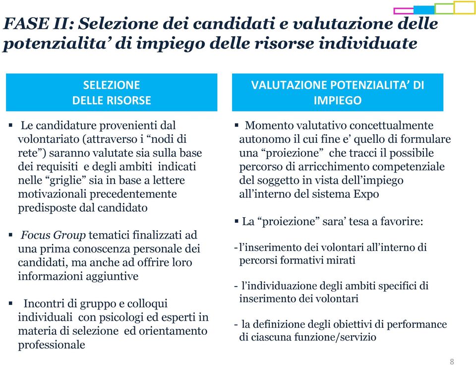 una prima conoscenza personale dei candidati, ma anche ad offrire loro informazioni aggiuntive Incontri di gruppo e colloqui individuali con psicologi ed esperti in materia di selezione ed