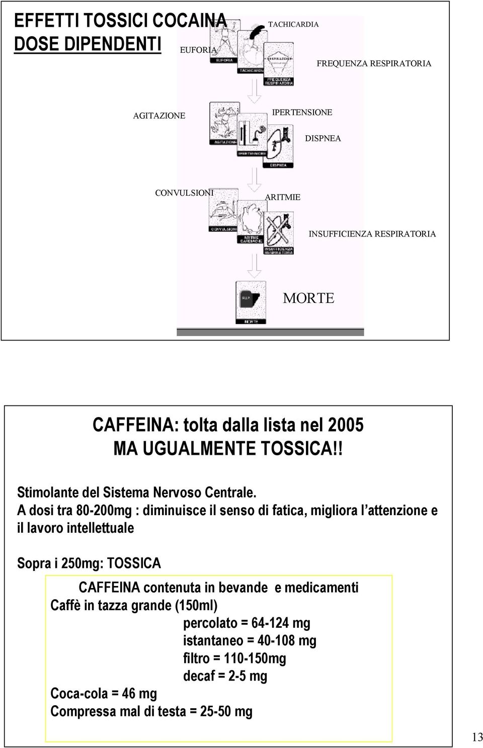 A dosi tra 80-200mg : diminuisce il senso di fatica, migliora l attenzione e il lavoro intellettuale Sopra i 250mg: TOSSICA CAFFEINA contenuta in