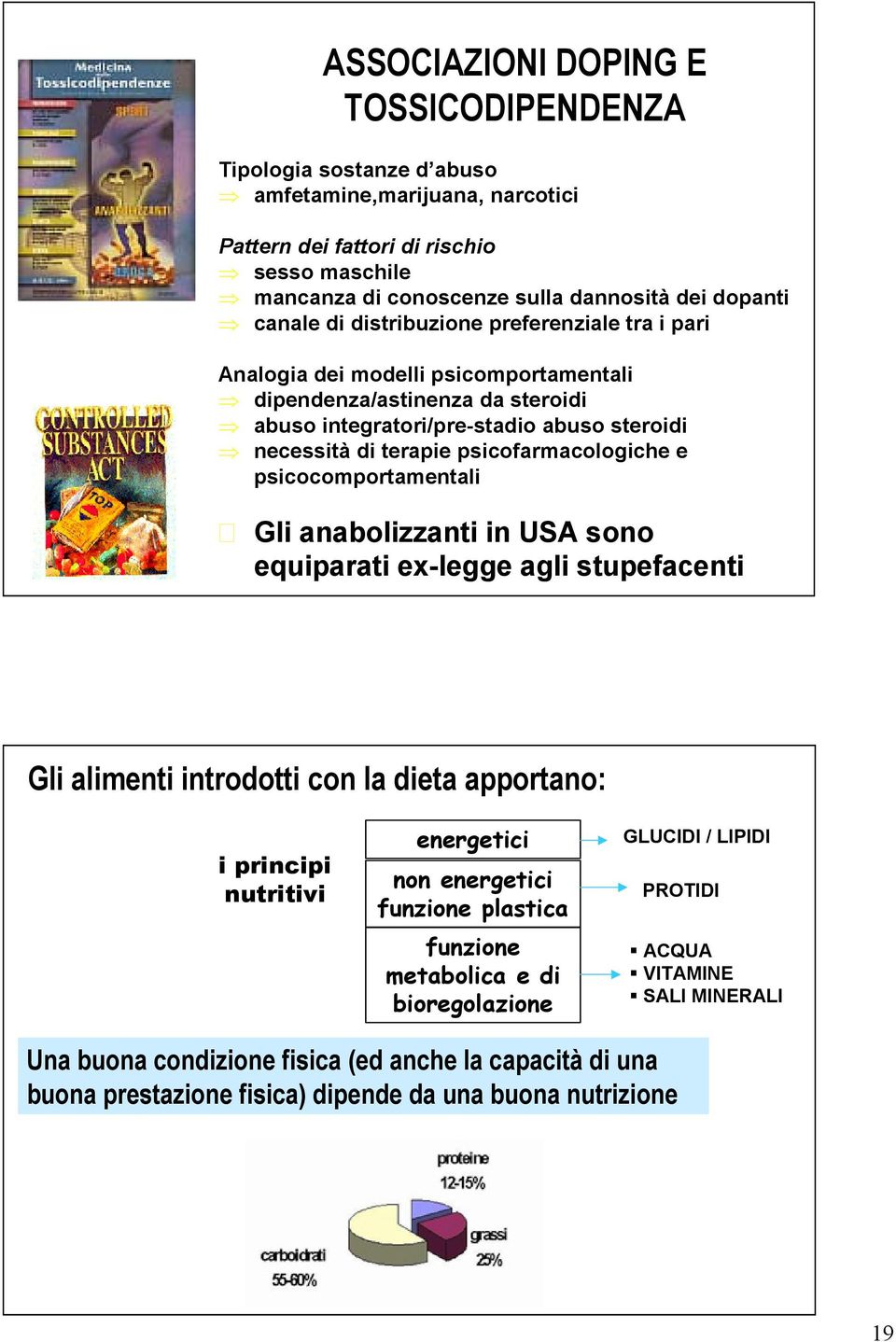 psicofarmacologiche e psicocomportamentali Gli anabolizzanti in USA sono equiparati ex-legge agli stupefacenti Gli alimenti introdotti con la dieta apportano: i principi nutritivi energetici non