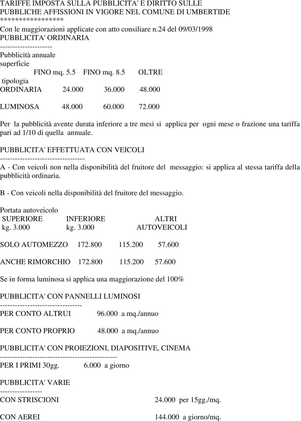 000 Per la pubblicità avente durata inferiore a tre mesi si applica per ogni mese o frazione una tariffa pari ad 1/10 di quella annuale.