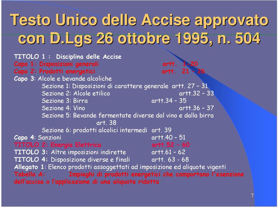 36 37 Sezione 5: Bevande fermentate diverse dal vino e dalla birra art. 38 Sezione 6: prodotti alcolici intermedi art. 39 Capo 4: Sanzioni artt.40 51 TITOLO 2: Energia Elettrica artt.