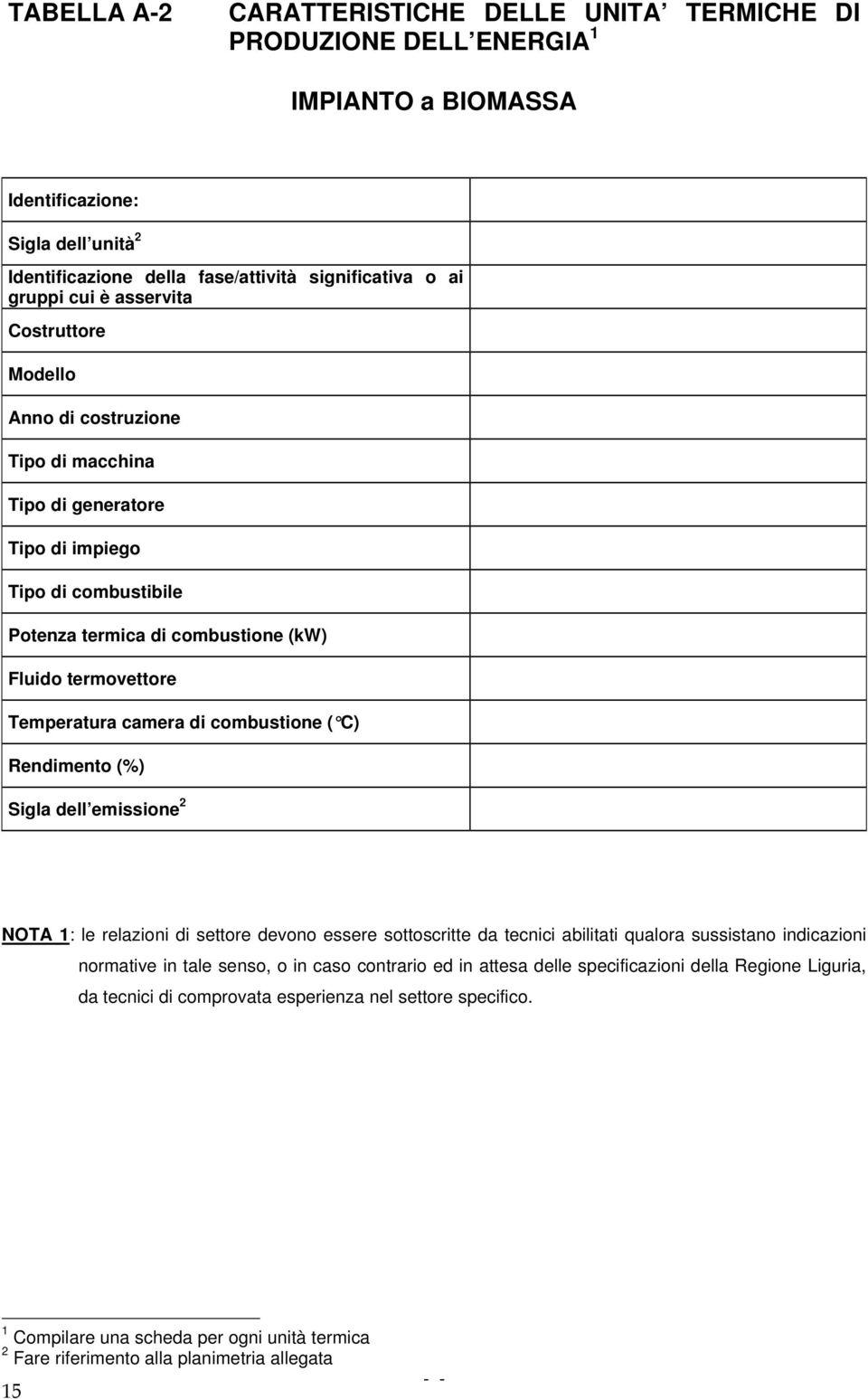 di combustione ( C) Rendimento (%) Sigla dell emissione 2 NOTA 1: le relazioni di settore devono essere sottoscritte da tecnici abilitati qualora sussistano indicazioni normative in tale senso, o in