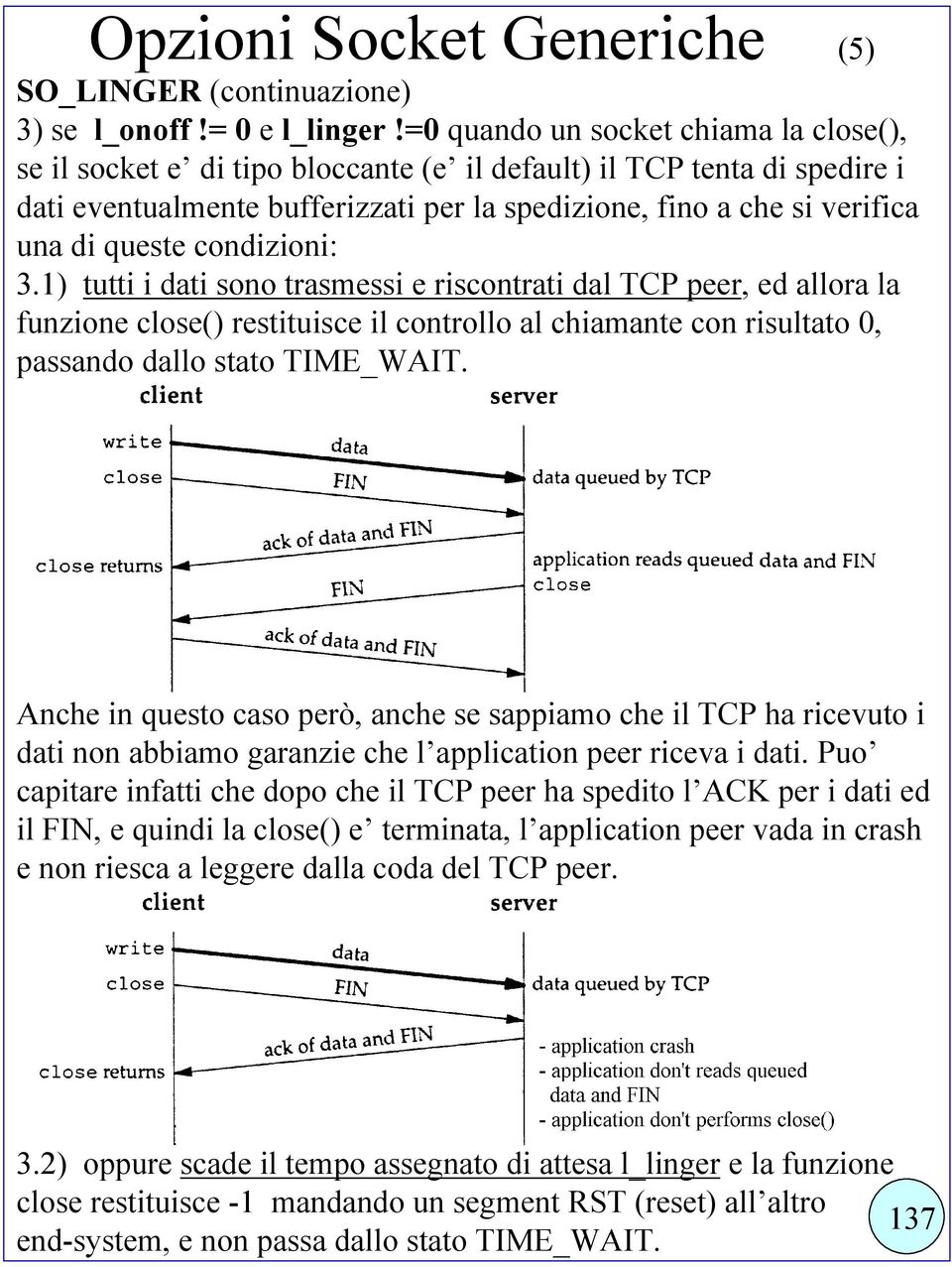 queste condizioni: 3.1) tutti i dati sono trasmessi e riscontrati dal TCP peer, ed allora la funzione close() restituisce il controllo al chiamante con risultato 0, passando dallo stato TIME_WAIT.