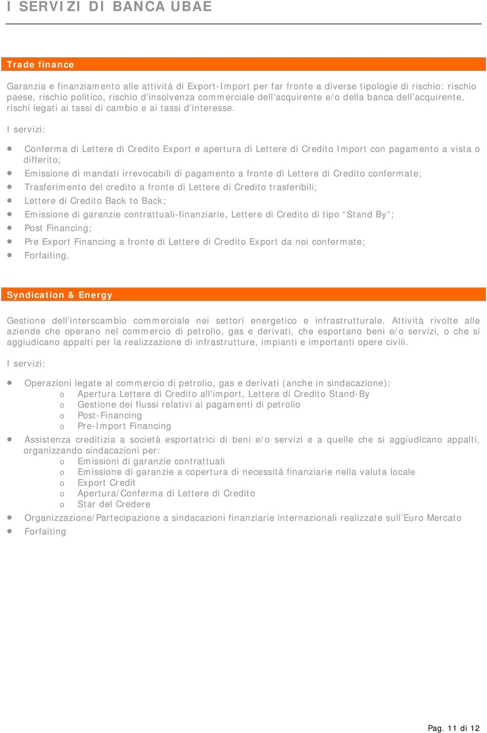 I servizi: Conferma di Lettere di Credito Export e apertura di Lettere di Credito Import con pagamento a vista o differito; Emissione di mandati irrevocabili di pagamento a fronte di Lettere di