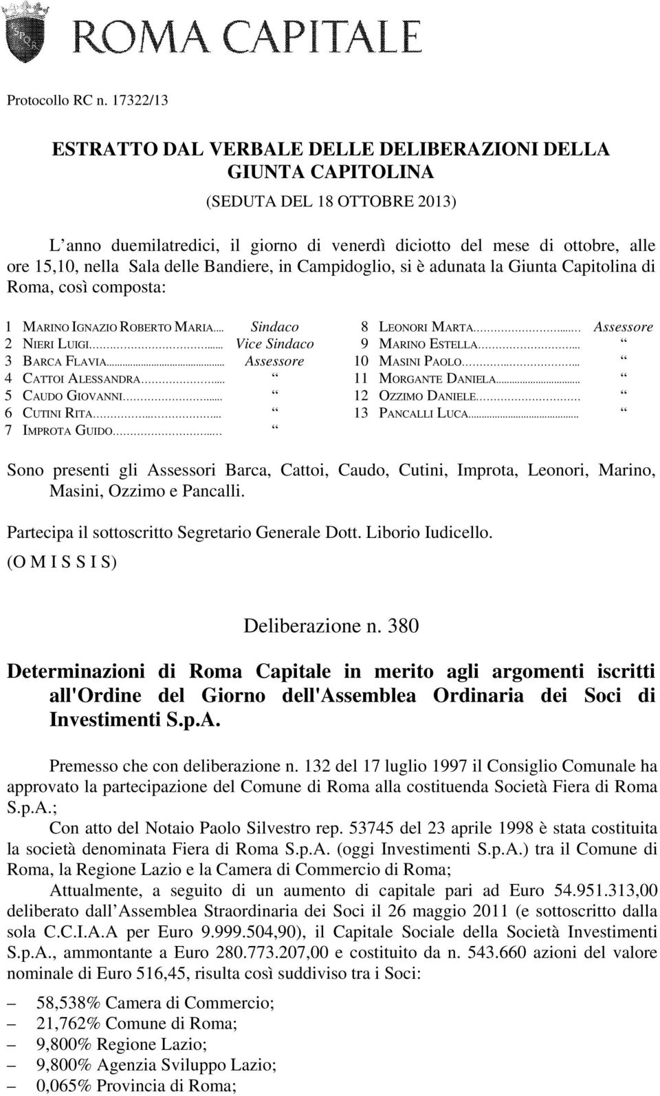 Sala delle Bandiere, in Campidoglio, si è adunata la Giunta Capitolina di Roma, così composta: 1 MARINO IGNAZIO ROBERTO MARIA... Sindaco 2 NIERI LUIGI.... Vice Sindaco 3 BARCA FLAVIA.