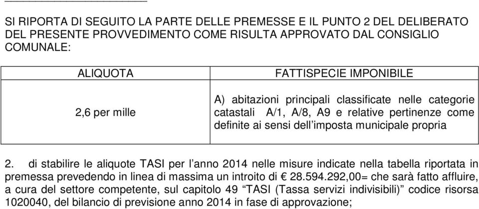 2. di stabilire le aliquote TASI per l anno 2014 nelle misure indicate nella tabella riportata in premessa prevedendo in linea di massima un introito di 28.594.