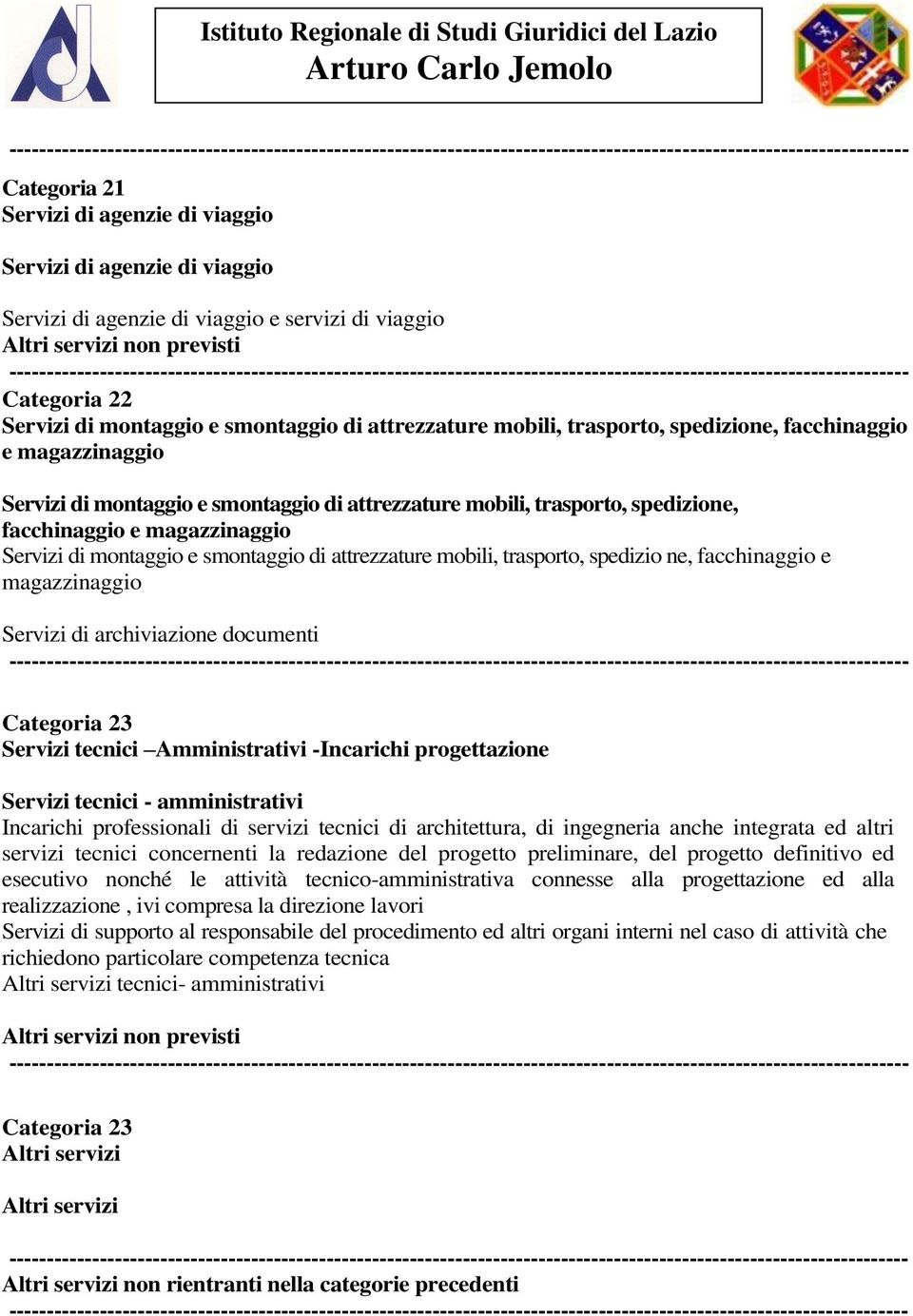 attrezzature mobili, trasporto, spedizio ne, facchinaggio e magazzinaggio Servizi di archiviazione documenti Categoria 23 Servizi tecnici Amministrativi -Incarichi progettazione Servizi tecnici -