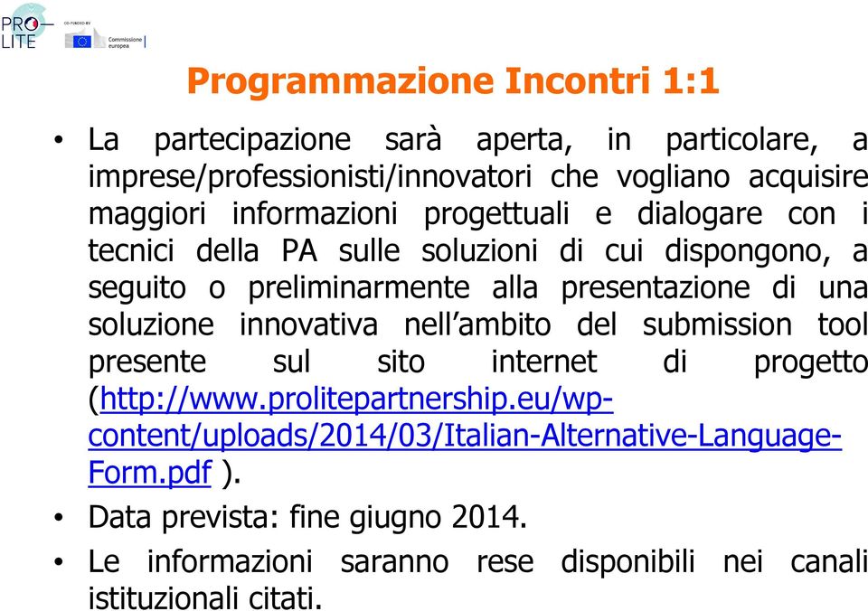 soluzione innovativa nell ambito del submission tool presente sul sito internet di progetto (http://www.prolitepartnership.