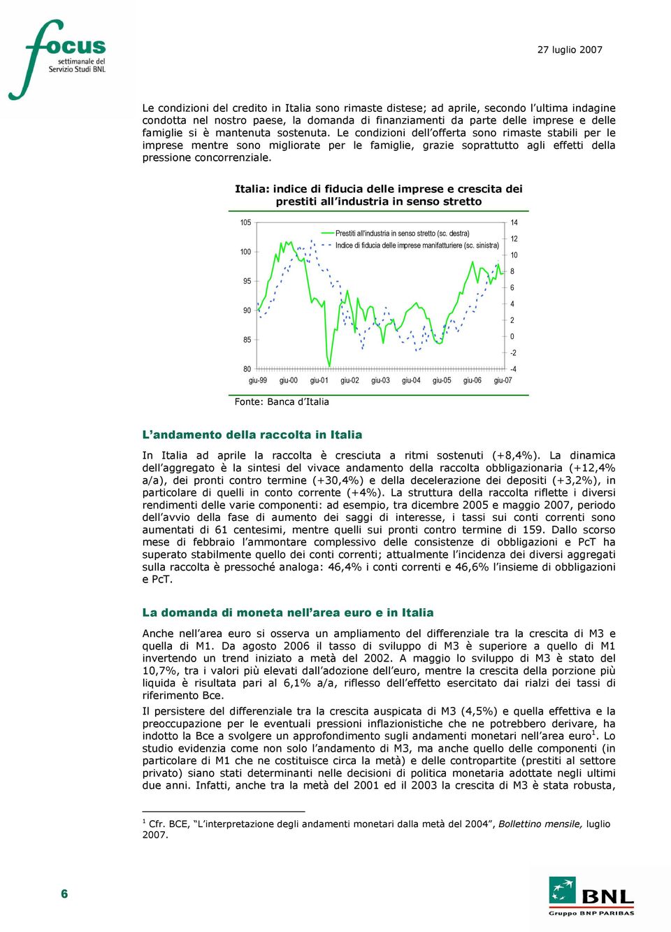 Italia: indice di fiducia delle imprese e crescita dei prestiti all industria in senso stretto 15 1 95 9 85 Prestiti all'industria in senso stretto (sc.