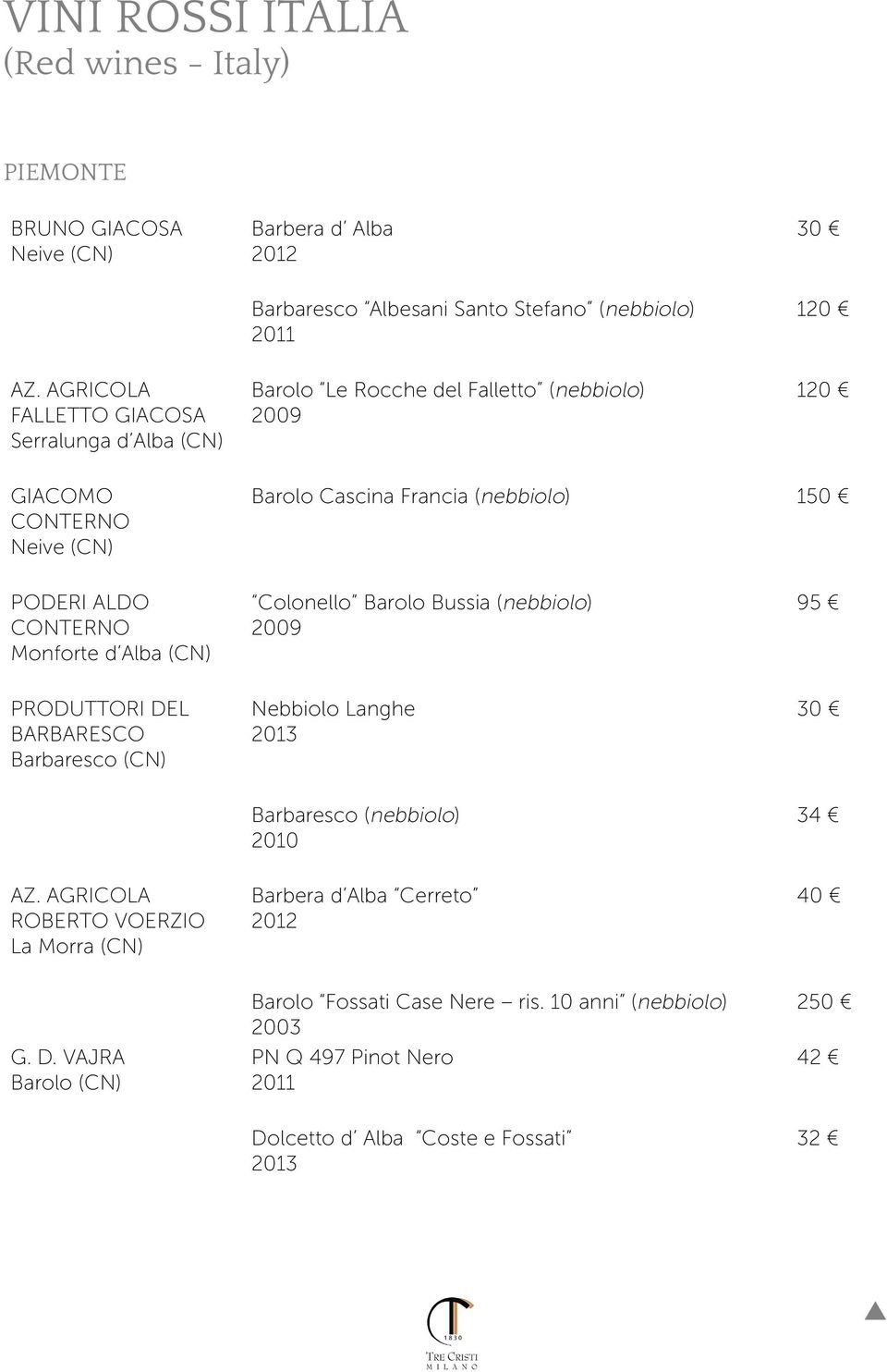 ALDO CONTERNO Monforte d Alba (CN) Colonello Barolo Bussia (nebbiolo) 2009 95 PRODUTTORI DEL BARBARESCO Barbaresco (CN) Nebbiolo Langhe 30 Barbaresco (nebbiolo) 34 AZ.