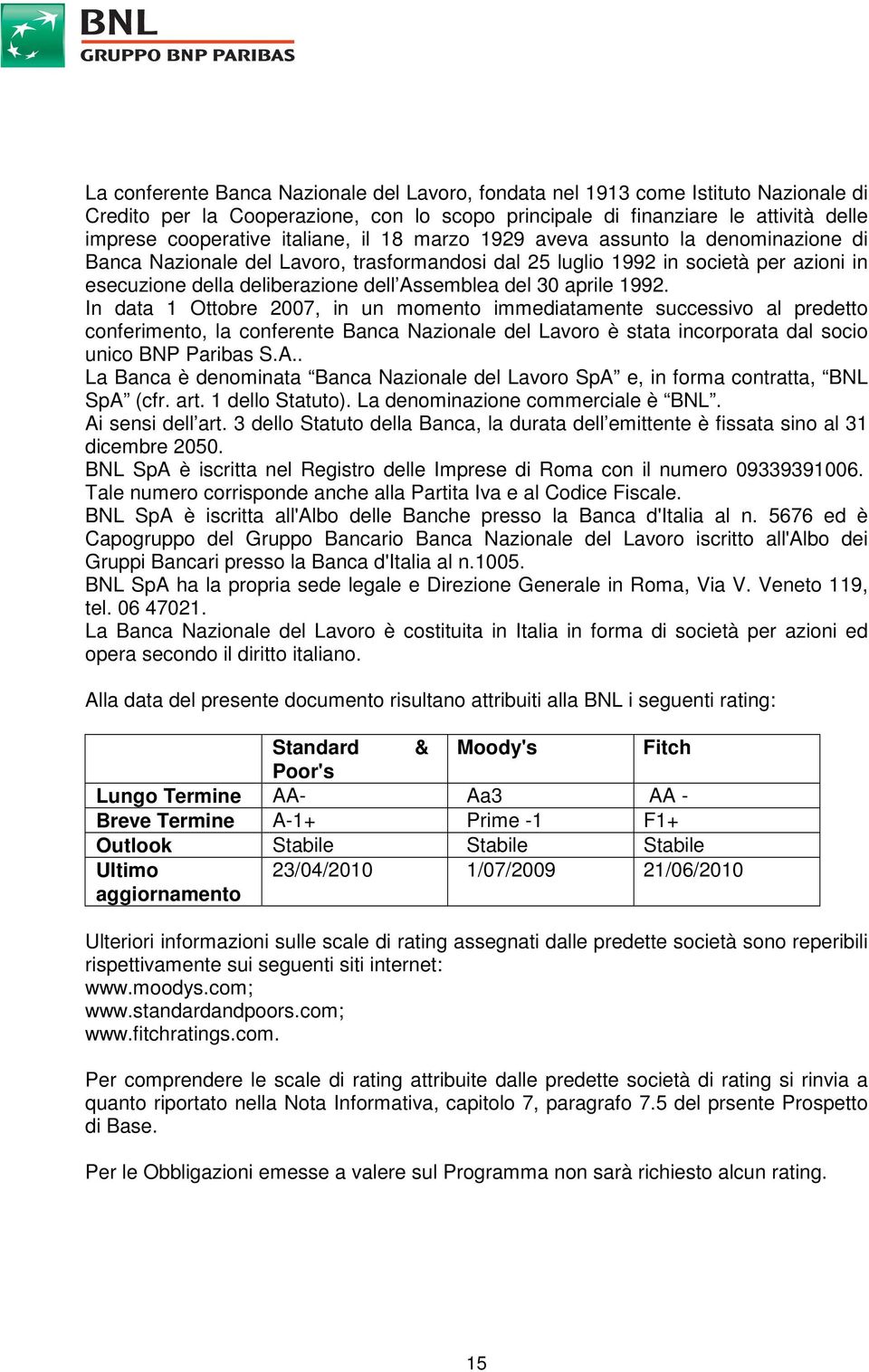 30 aprile 1992. In data 1 Ottobre 2007, in un momento immediatamente successivo al predetto conferimento, la conferente Banca Nazionale del Lavoro è stata incorporata dal socio unico BNP Paribas S.A.