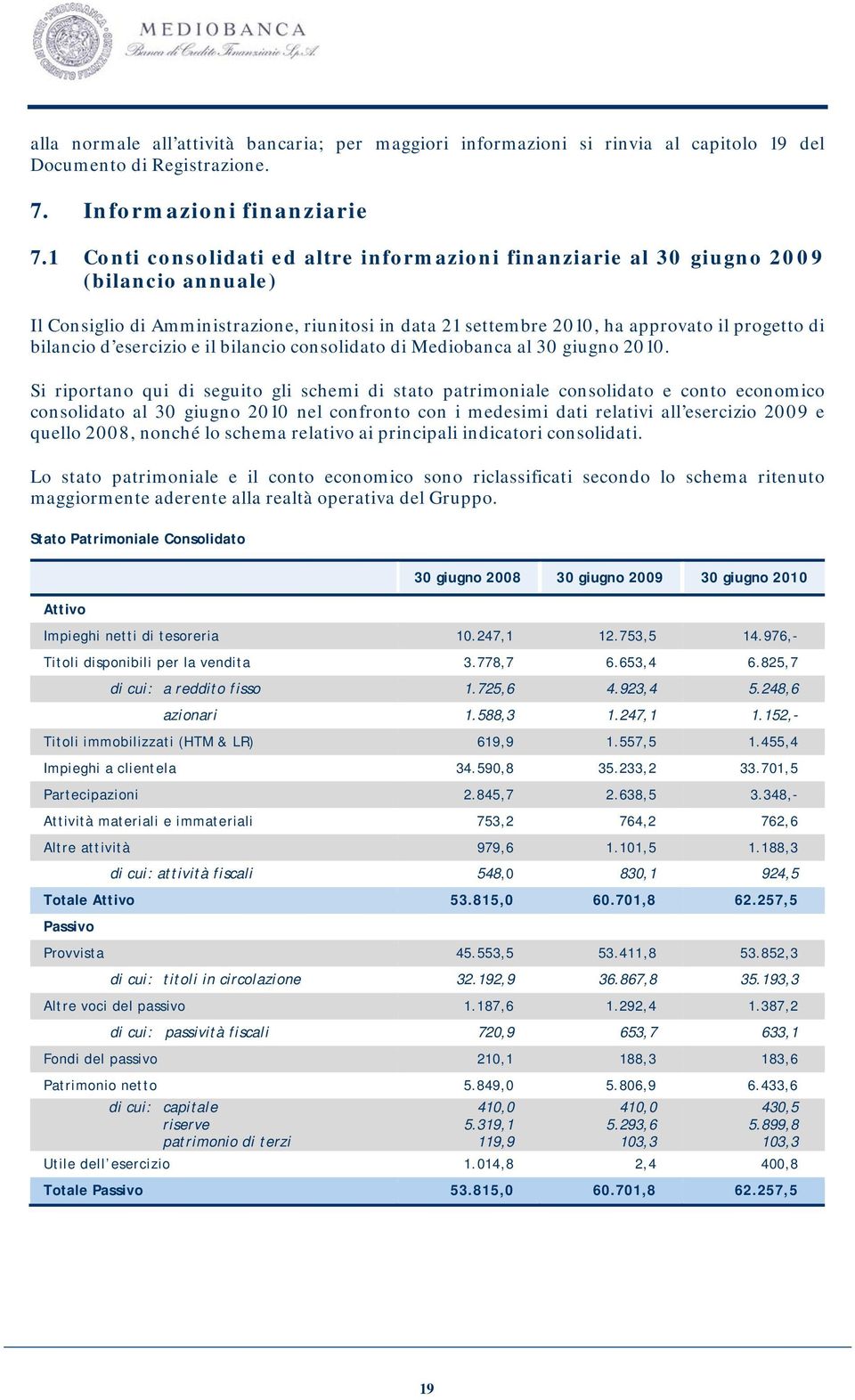 esercizio e il bilancio consolidato di Mediobanca al 30 giugno 2010.