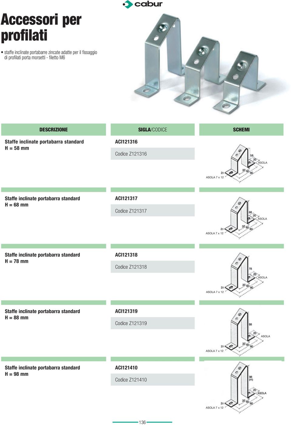 Codice Z121317 ASOLA ASOLA 7 x 12 Staffe inclinate portabarra standard H = 78 mm ACI121318 Codice Z121318 ASOLA ASOLA 7 x 12 Staffe inclinate portabarra